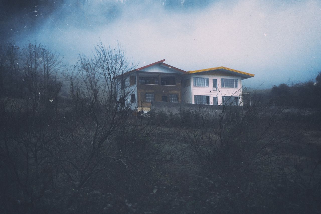 Two houses in a misty, foggy countryside setting surrounded by bare trees.